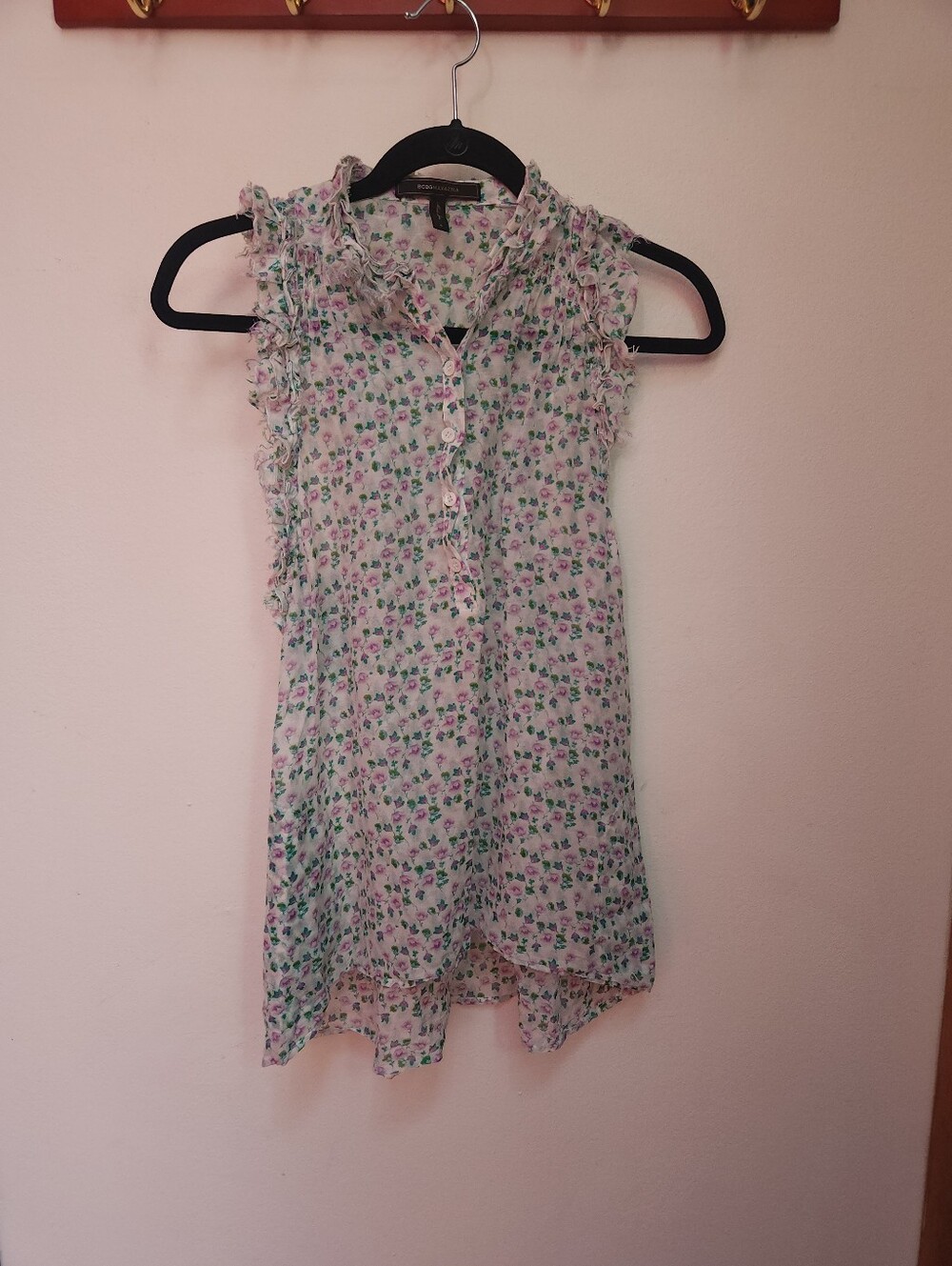 Sleeveless Ruffled Floral Blouse - Pink & Green